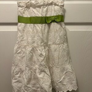 White Eyelet Kids Dress with Green Bow